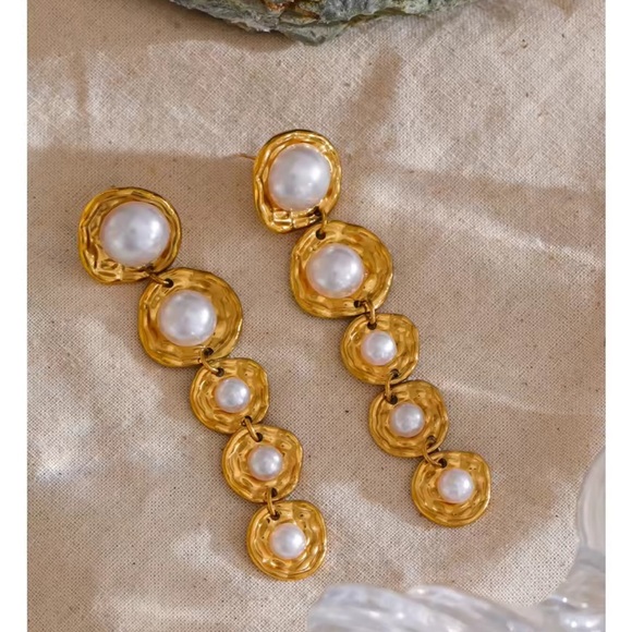 Gold Drop Earrings with Imitation Pearls – Stainless Steel, Real Gold Plated - Picture 12 of 17